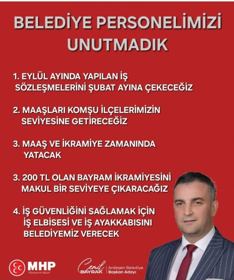 MHP ARDEŞEN BELEDİYE BAŞKAN ADAYI CEMİL BAYRAK'IN ARDEŞEN'DE GERÇEKLEŞTİRMEYİ HEDEFLEDİĞİ PROJELER