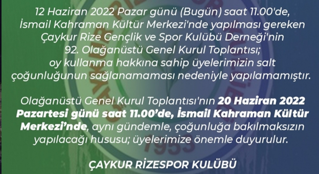 Çaykur Rizespor’da Seçimli Olağan Genel Kurul ertelendi