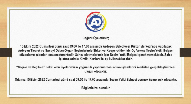 Ardeşen TSO'dan Üyelere Bilgilendirme