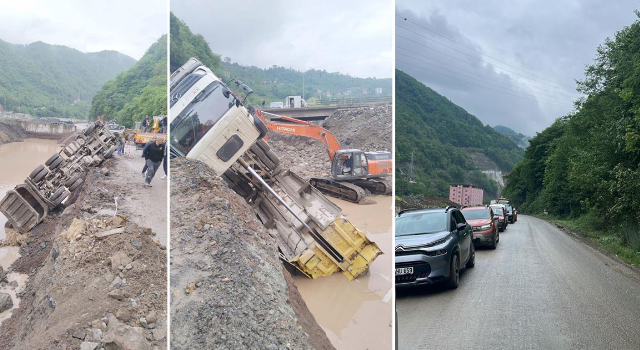 Trabzon-Bayburt karayolunda taş kamyonu devrildi, yol ulaşıma kapandı
