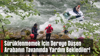 Rize'de dereye düşen otomobildeki çift, aracın üzerine çıkarak kurtuldu