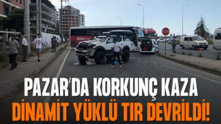 Pazar'da kaza: Dinamit yüklü TIR devrildi