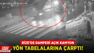 Rize'de damperi açık kalan kamyon yön tabelasına çarptı